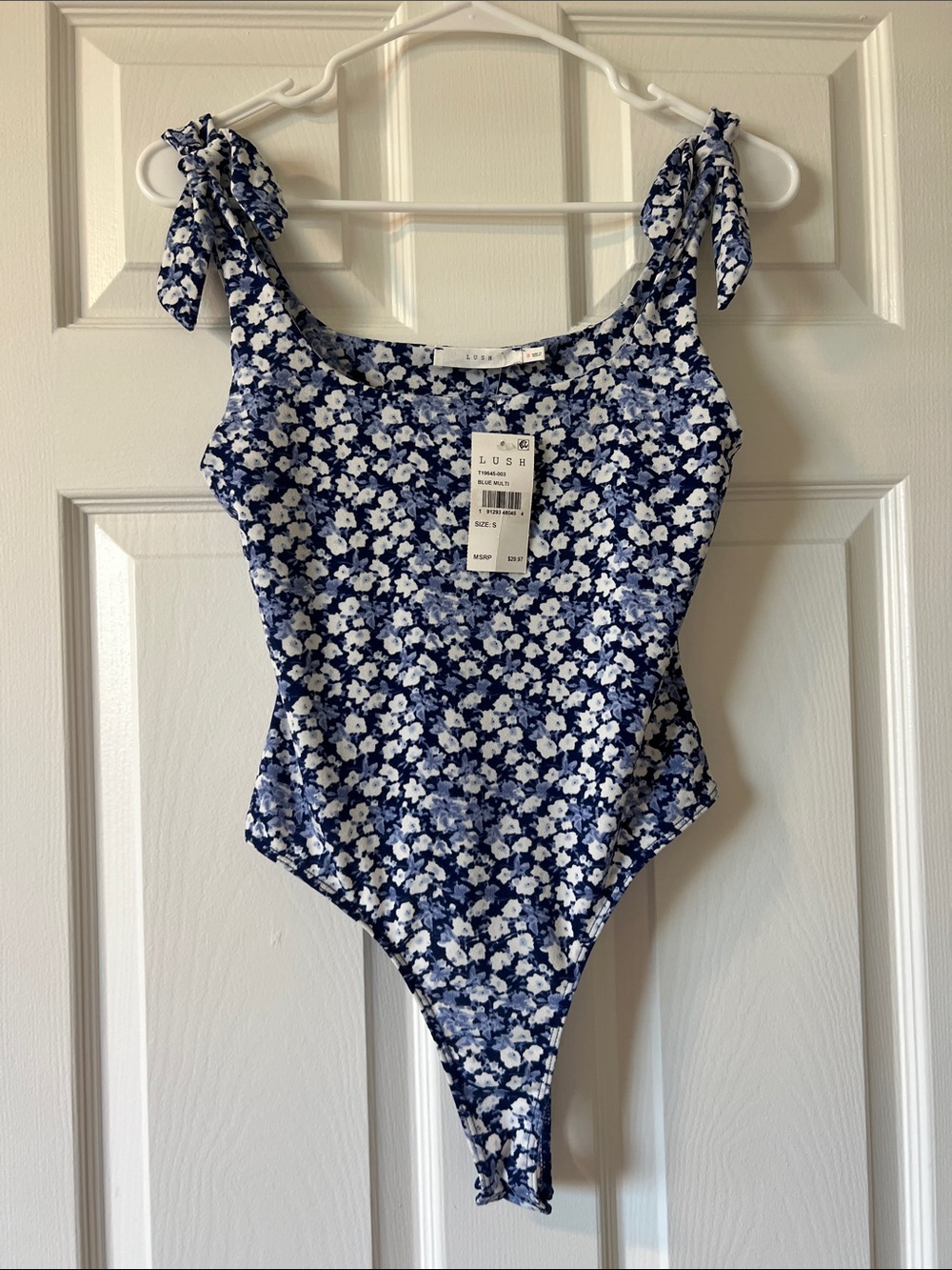 Lush Navy and White Floral Tie-Shoulder Bodysuit